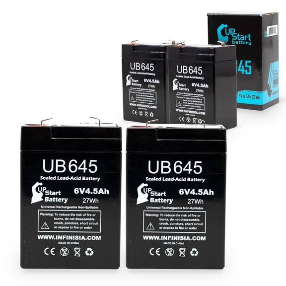 4x Pack - Compatible North Supply 782374 Battery - Replacement UB645 Universal Sealed Lead Acid Battery (6V 4.5Ah, 4500mAh, F1 Terminal, AGM, SLA) - Includes 8 F1 to F2 Terminal Adapters
