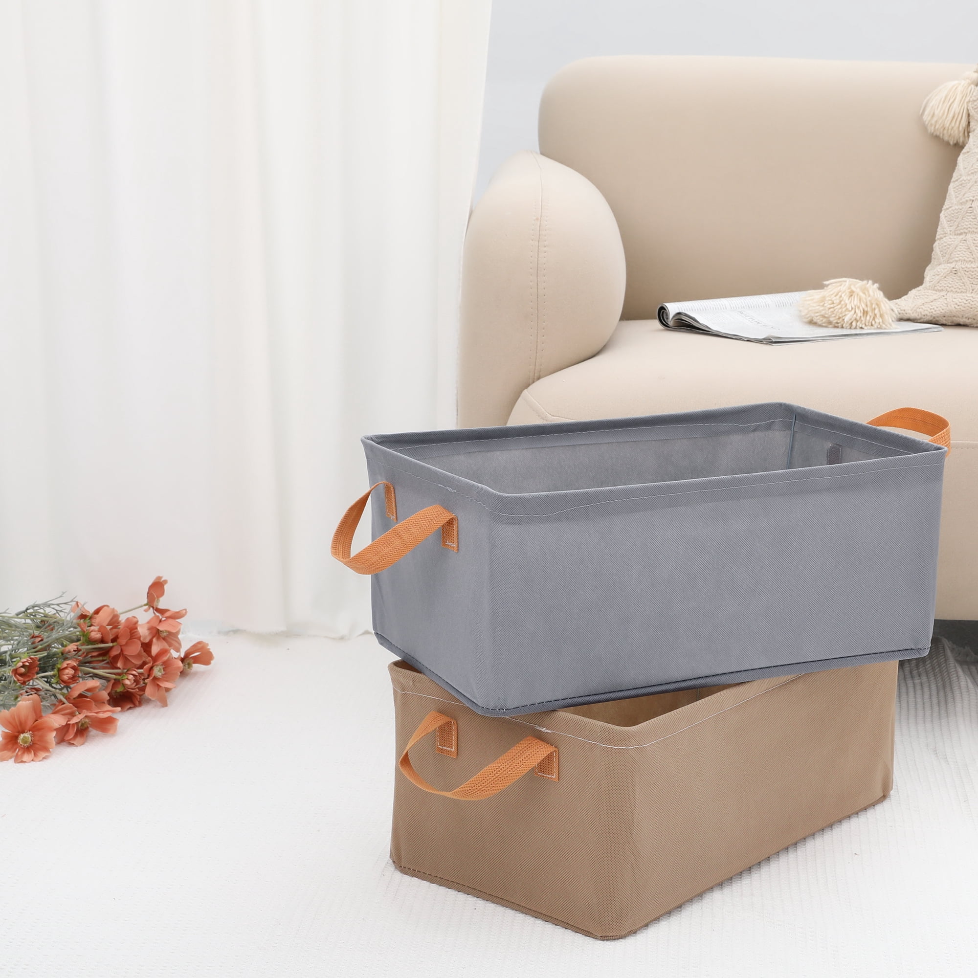 Unique Bargains Storage Bin with Handles for Shelves 1 Pack Basket Khaki