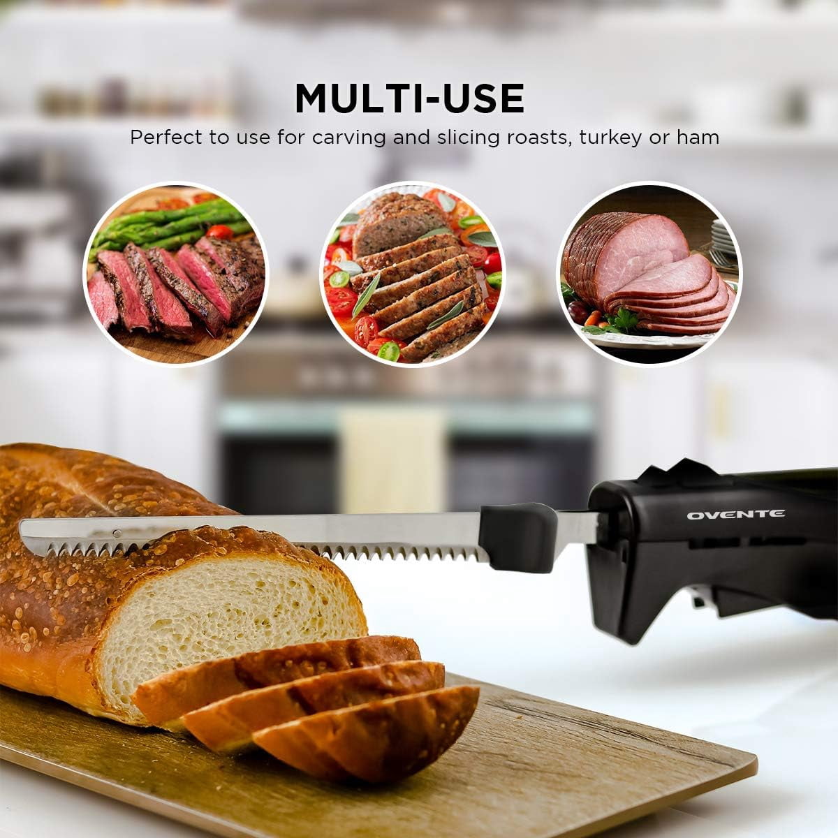 OVENTE Electric Carving Knife with Stainless Steel Blade, Black EK4510BB | 110W, Safety Lock and Eject Button, Lightweight & Ergonomic Handle, Ideal for Slicing Meat, Bread, Poultry, and Cheese