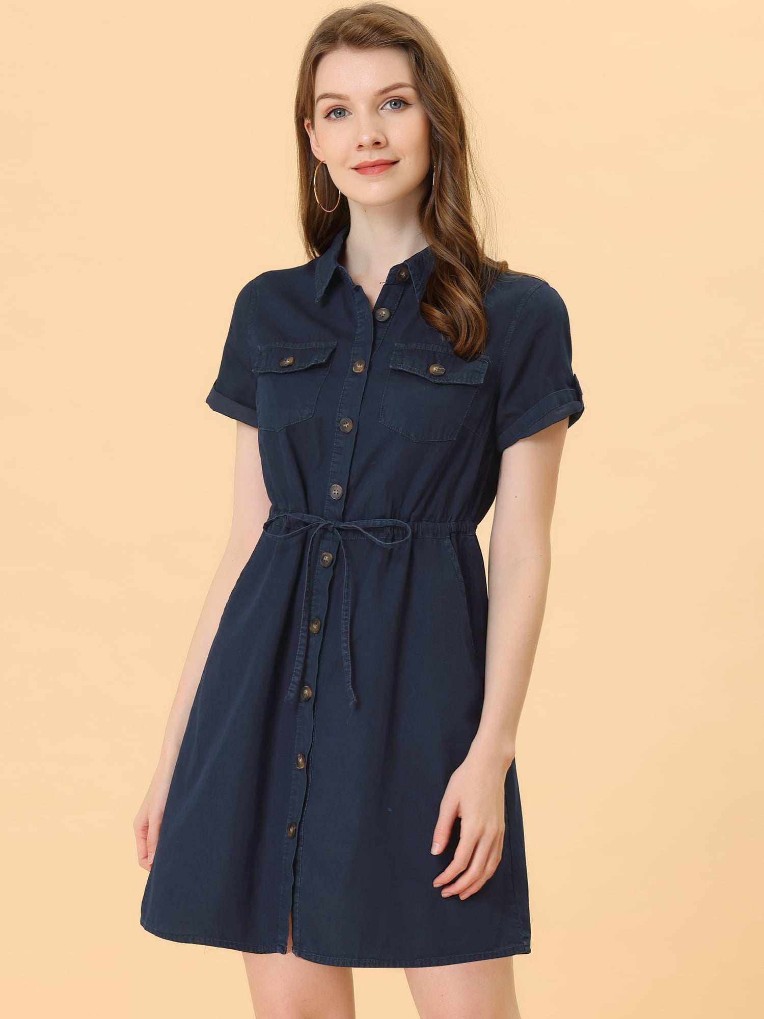 DARING DIVA Casual Button Front Summer Short Sleeve Dresses M Dark Blue