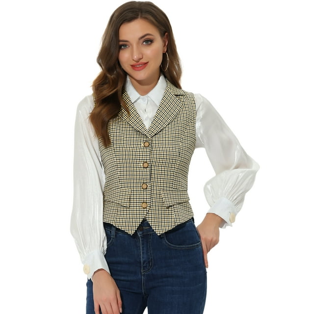 Chaleco a cuadros para mujer, cuello de solapa con muescas, chaleco Vintage de un solo pecho marrón XL