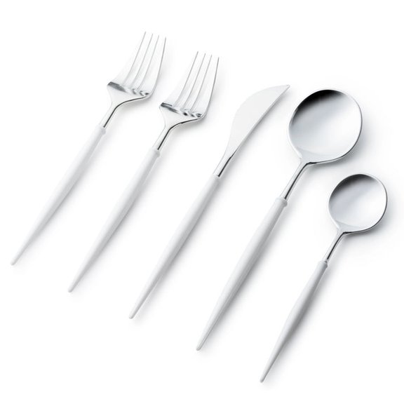 VeZee Disposable Plastic Noble Collection Shiny Silver Top/White Bottom Flatware Set Pack of 240