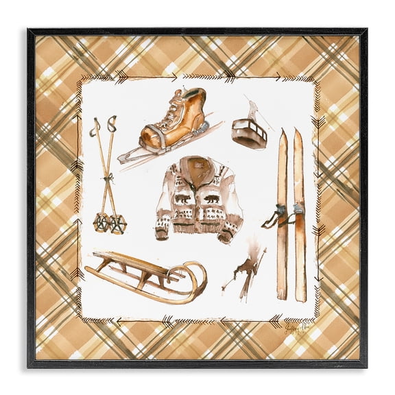 Stupell Industries Farmhouse Winter Sports on Tartan Black Framed Giclee Art, 12 x 12, by Geoff Allen