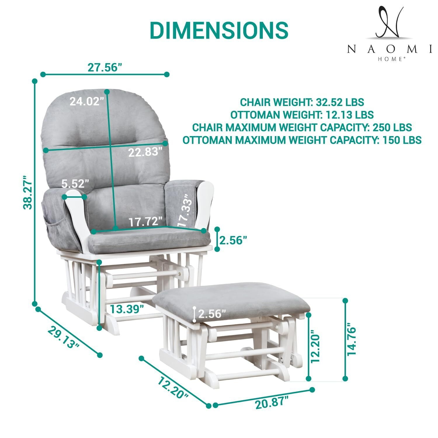 Brisbane Nursery Glider & Ottoman Set - Reclining Glider Rocker Chair for Breastfeeding, Maternity, & Comfort, White,Gray-Cushion Color:Gray,Finish:White