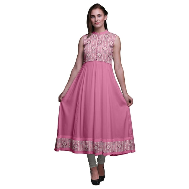 Bimba Kurti Longue Indienne Damassée Rose Pâle pour Femmes Tenue de Fête Imprimée Sans Manches Robe Anarkali Kurti X-Small