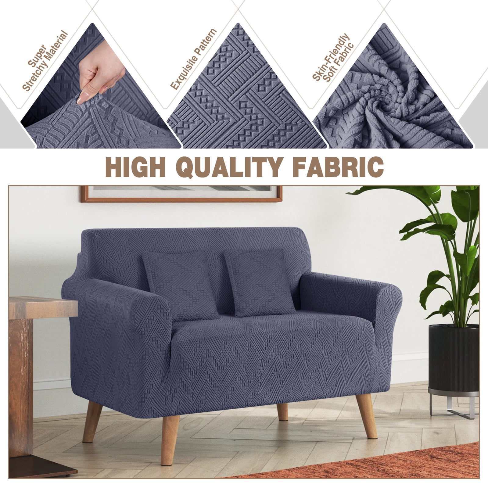 Timeles 1 Piece Stretch Loveseat Sofa Covers Non Slip Couch Covers Soft Jacquard Sofa Slipcover Washable Furniture Protector with 2 Throw Pillow Covers (2 Seater, Gray)