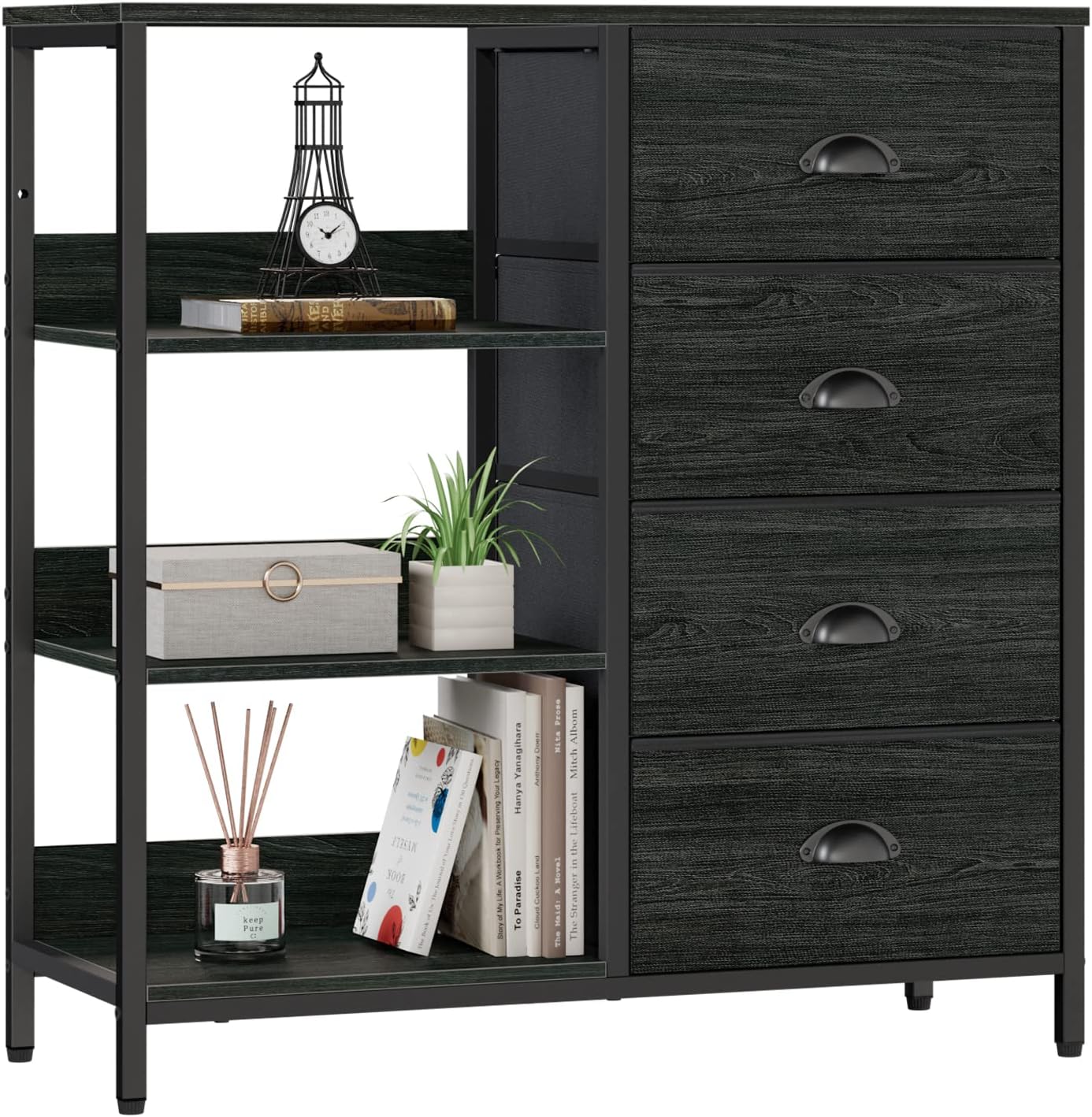 Black Dresser with 4 Drawers and Side Shelf, Industrial Lightweight