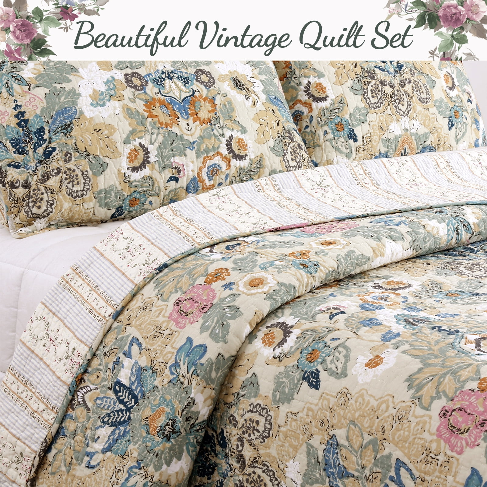 Cozy Line Home Fashions Luxury Classic Floral Bohemian Style 3-Piece 100% Cotton Reversible Quilt Set, King Set