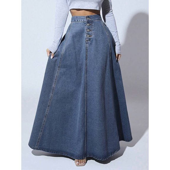 High Waist Button Front Flared Denim Skirt Medium Wash