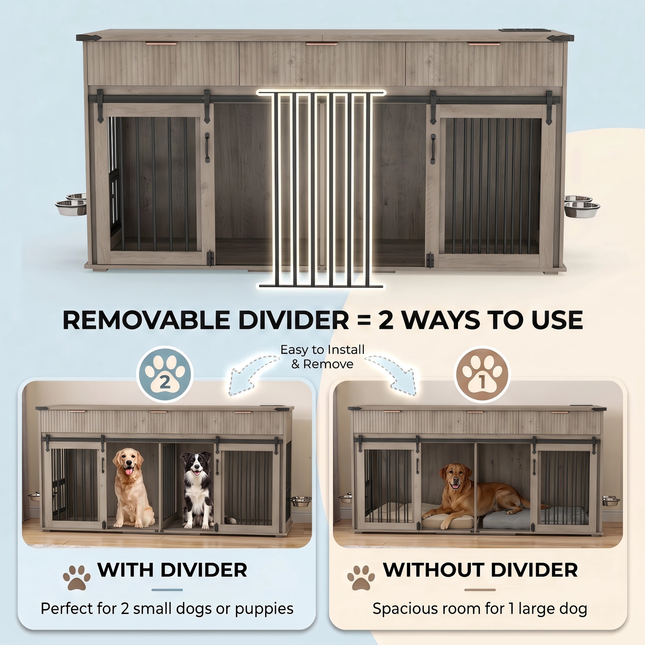 Noble House 71" Double Dog Crate Furniture with Fluted Drawers, Large Kennel with Charging Station, Plaid Grey Oak