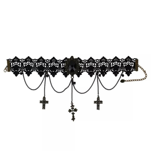 HOOUN Gothic Chokers Adjustable Lace Choker Collar Necklace with Crucifix Jewelry-_
