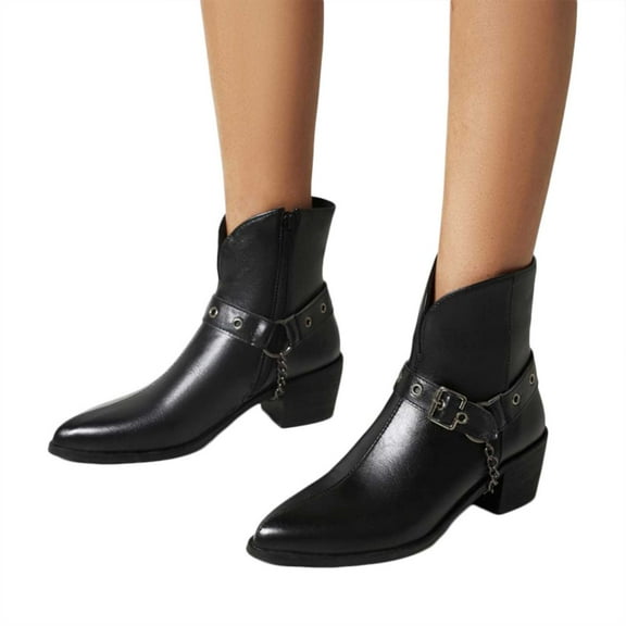 Womens Chelsea Oxfords Ankle Boots Vintage Punk Buckle Chain Leather Pointed Toe Mid Calf Cowboy Booties