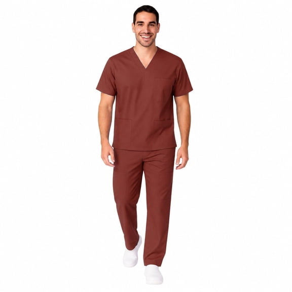M&M SCRUBS Men's Scrub Set, V-Neck Top & Cargo Pants, 8 Pockets, Burgundy, 2XL