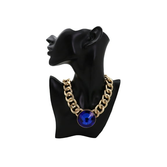 Women Gold Metal Chain Short Necklace Bling Big Blue Bead Charm Bulky Bold Look