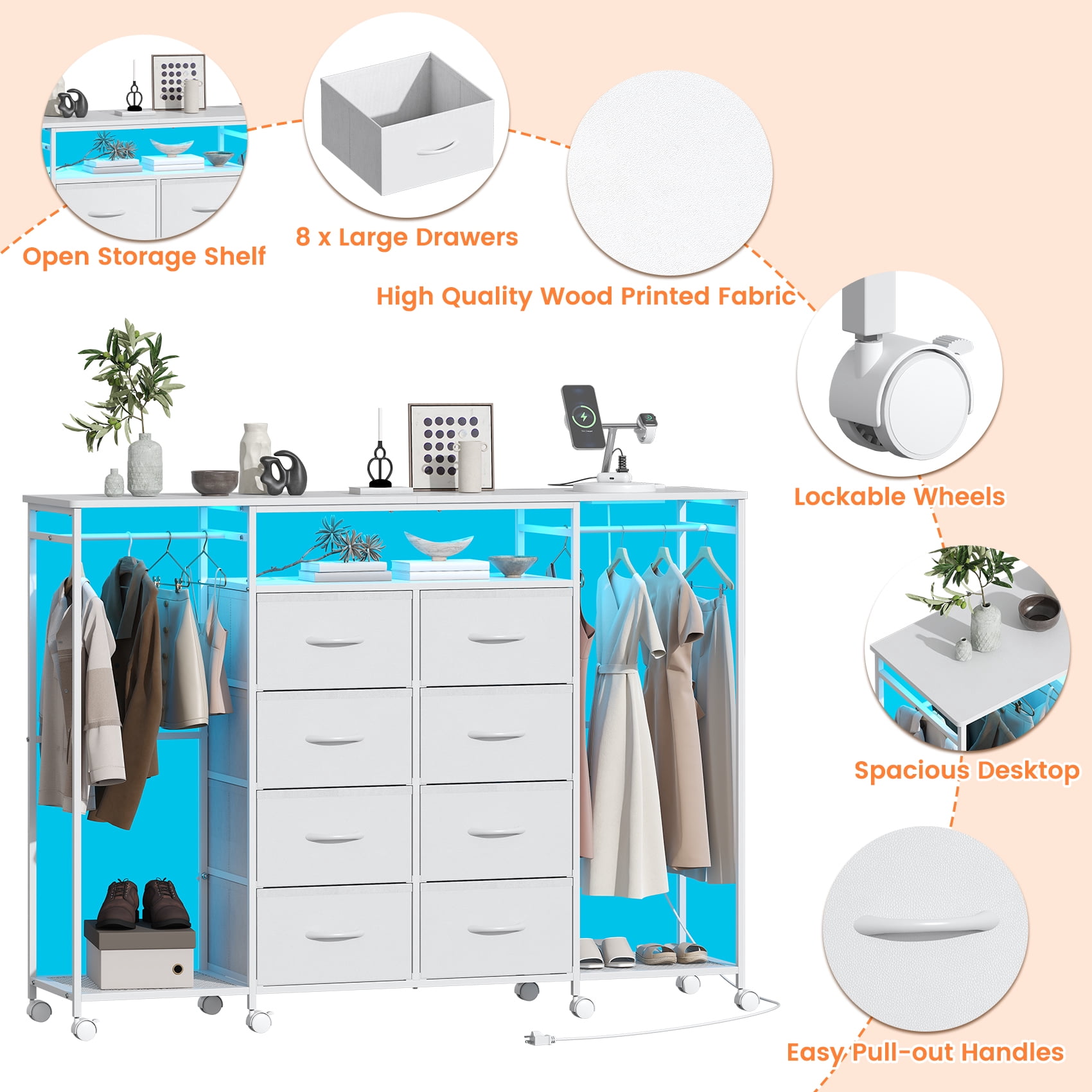 Frmobepts Dresser with Clothes Rack, 8 Drawers Dresser with Charging Station & LED Lights, White Storage Unit with Wheels for Bedroom, Closet