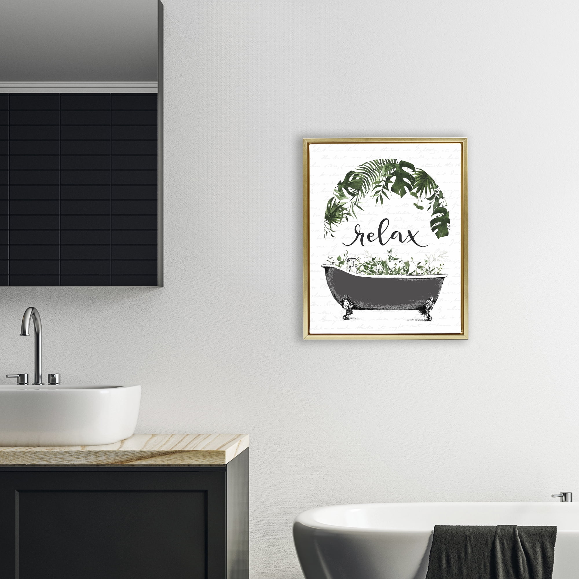 Tropical Bath Relax Gold Framed Floater Canvas Wall Art, design by Lettered and Lined