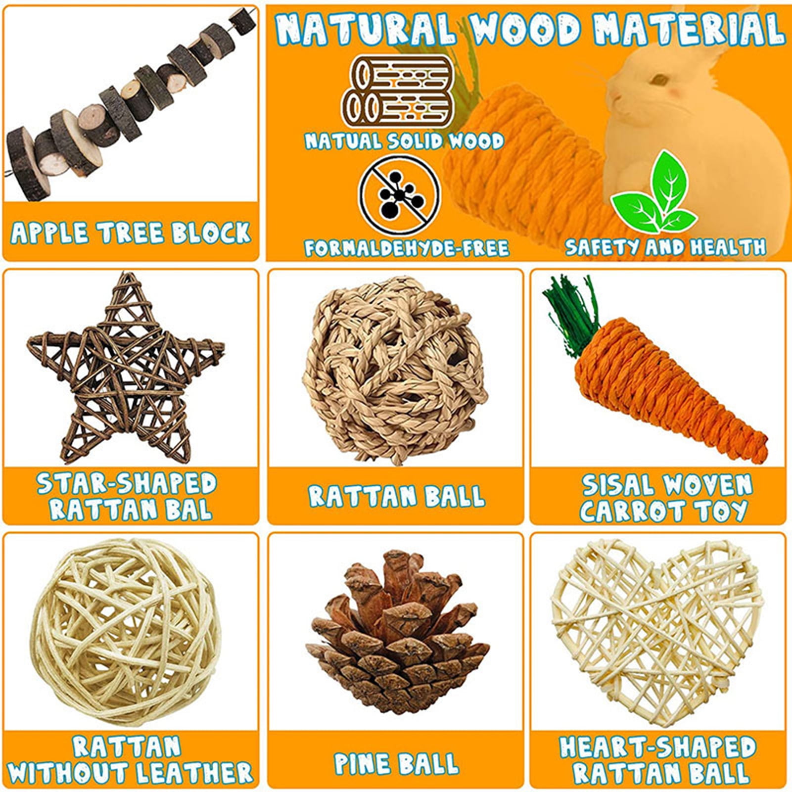 DOPI 7Pcs/Set Molar Toy Safe Eye-catching Wood Play Carrot Molar Toy Set for Small Animals