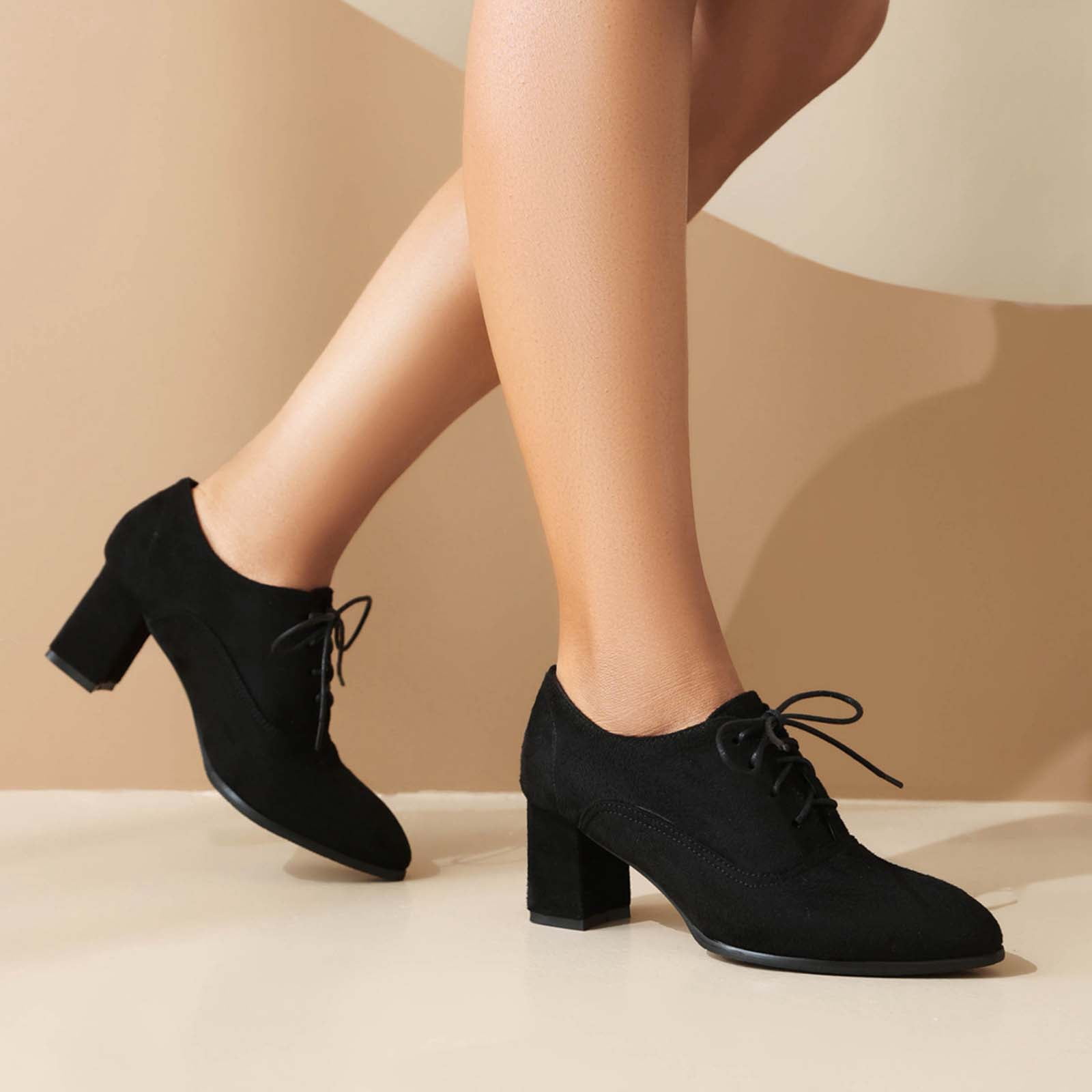 Women's Casual Colorful Print Pumps Shoes Chunky High Heel Pointed Toe Lace Up Suede Dress Shoes