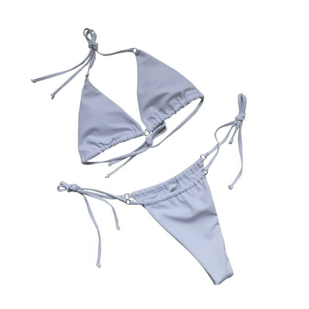 Women Halter String Bikini Thong Cheeky Two Piece Swimsuit Sets Tie Side Bathing Suitfloral Printed Swimwear (White  S)