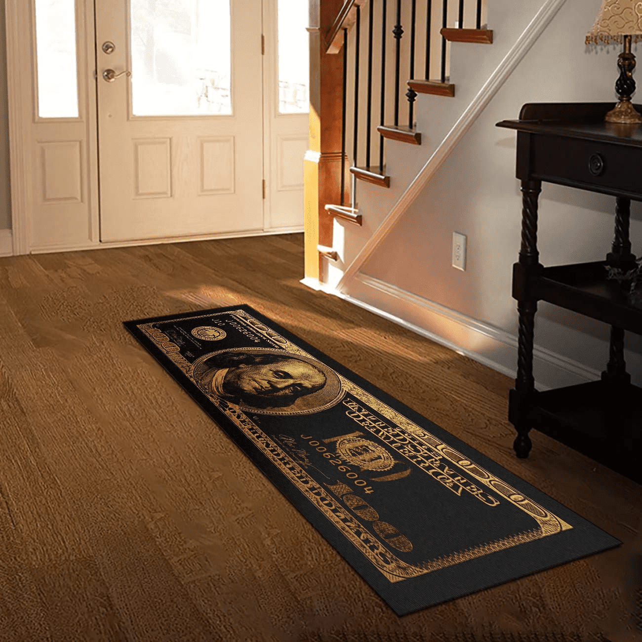Black Gold Rugs 100 Dollar Bill Area Runner Money Rugs Nonslip Rubber Backed Laundry Room Rug Runner Floor Mat for Living Room Dining Room Washroom Bathroom Mudroom Kitchen Doormat Hallway 24"X71"