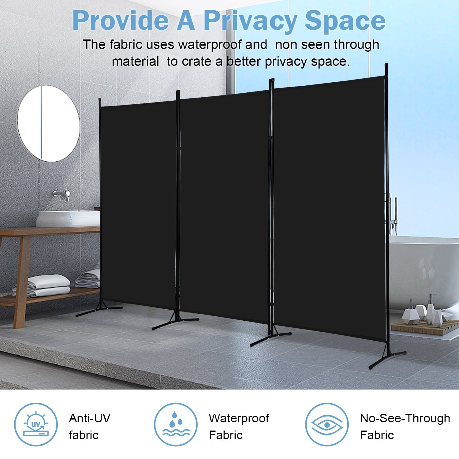 NiamVelo 3 Panel Room Divider Folding Partition Privacy Screens 5.9FT Portable Room Partition with Metal Frame Walls Dividers for Home Office Hospital 102" W x 70" H, Black
