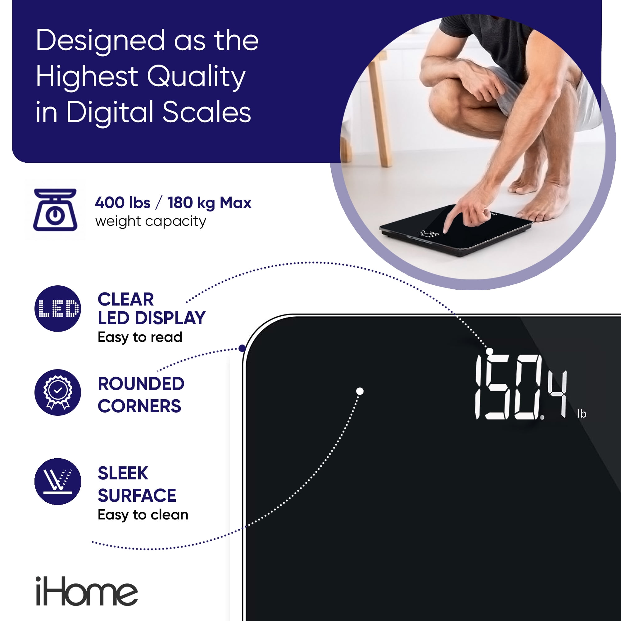 iHome Digital Battery Powered Bathroom Scale with Fit+ Personal Coach App, FSA and HSA Eligible, Black, 397 lbs Capacity