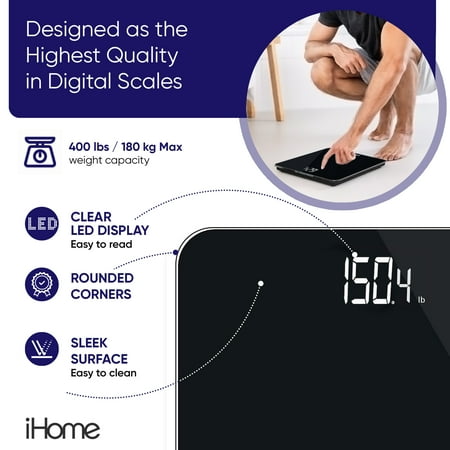 iHome Digital Battery Powered Bathroom Scale 397 lbs with Fit  Personal Coach App, FSA and HSA Eligible, Black