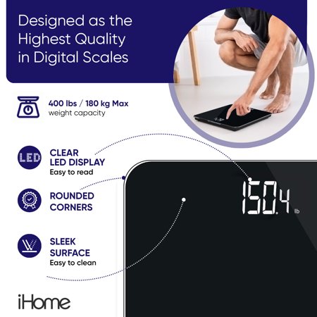 IHOME DIGITAL BATTERY POWERED BATHROOM SCALE WITH FIT+ PERSONAL COACH APP, FSA AND HSA ELIGIBLE, BLACK, 397 LBS CAPACITY