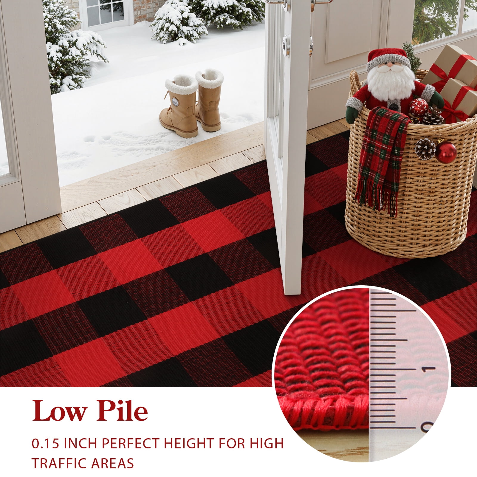 RUG ROBOT Christmas Buffalo Plaid Area Rug 27.5"x43", Washable Door Mat Indoor Outdoor Entrance, Reversible Front Porch Rug, Farmhouse Checkered Layering Rug for Kitchen Home Decor, Red and Black