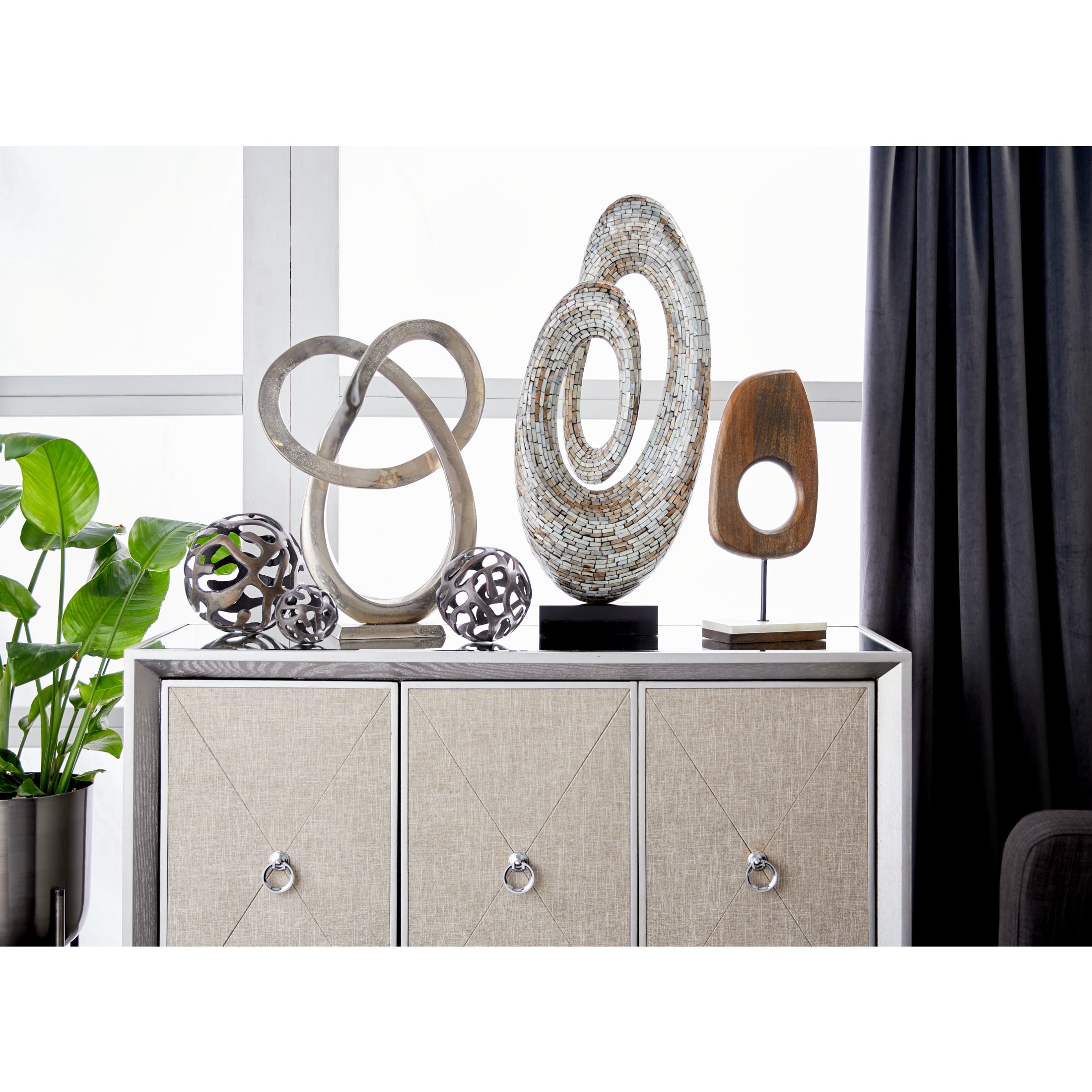 12" x 29" Gray Mother of Pearl Shell Swirl Abstract Sculpture with Black Base, by DecMode