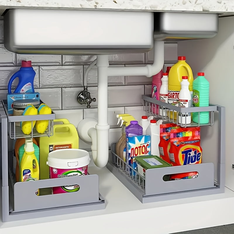 2 Pack Under Sink Organizer Pull Out, 2 Tier Slide Out Cabinet Storage Shelf for Kitchen Bathroom Sink Cabinet