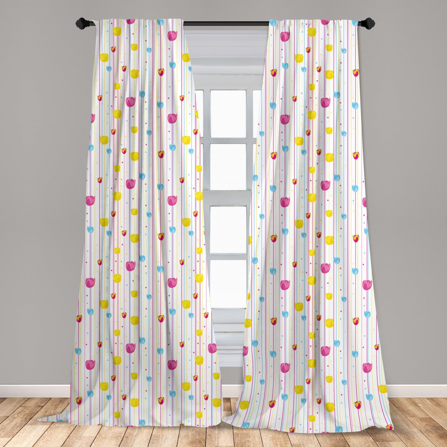 Yellow and Blue Curtains 2 Panels Set, Vertical Thin Stripes with