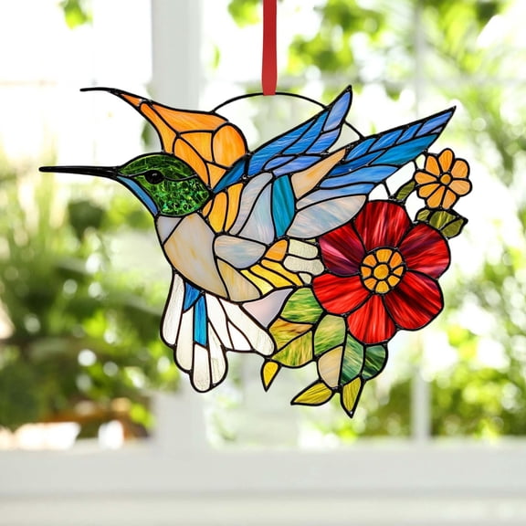 Vibrant Hummingbird Stained Glass Window Hanging - Handcrafted Sun Catcher with Chain for Home Decor, Living Room, Kitchen - Rainbow Light Reflection, Unique Gift for Nature Lovers, Trending 2024
