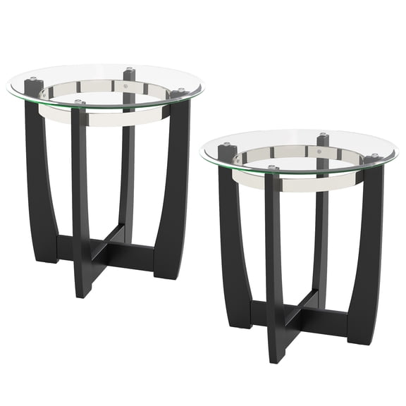 Patiojoy Glass End Table Set of 2 24" Round Side Table with Tempered Glass Top Transparent & Black