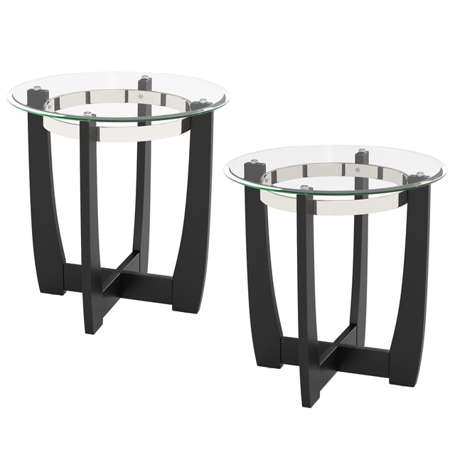 Patiojoy Ensemble de 2 Tables d'Appoint en Verre 24 Pouces Table d'Appoint Ronde avec Dessus en Verre Trempé Transparent et Noir