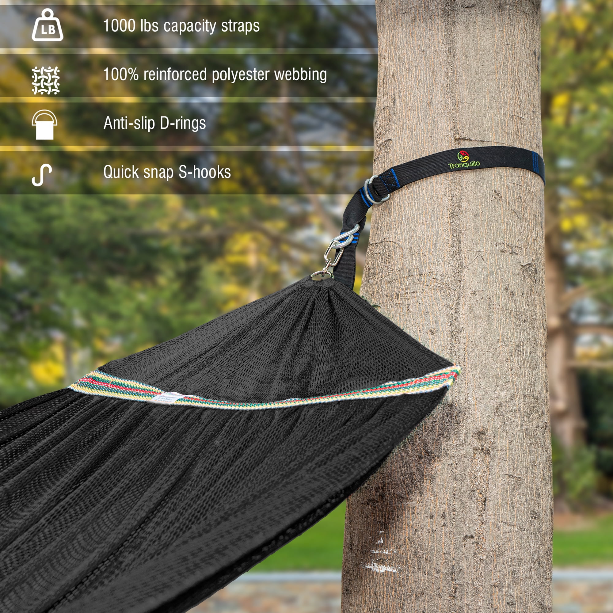 Tranquillo Double Hammock 2 Persons Polyester Hammock 550lbs with Hammock Tree Straps, Black
