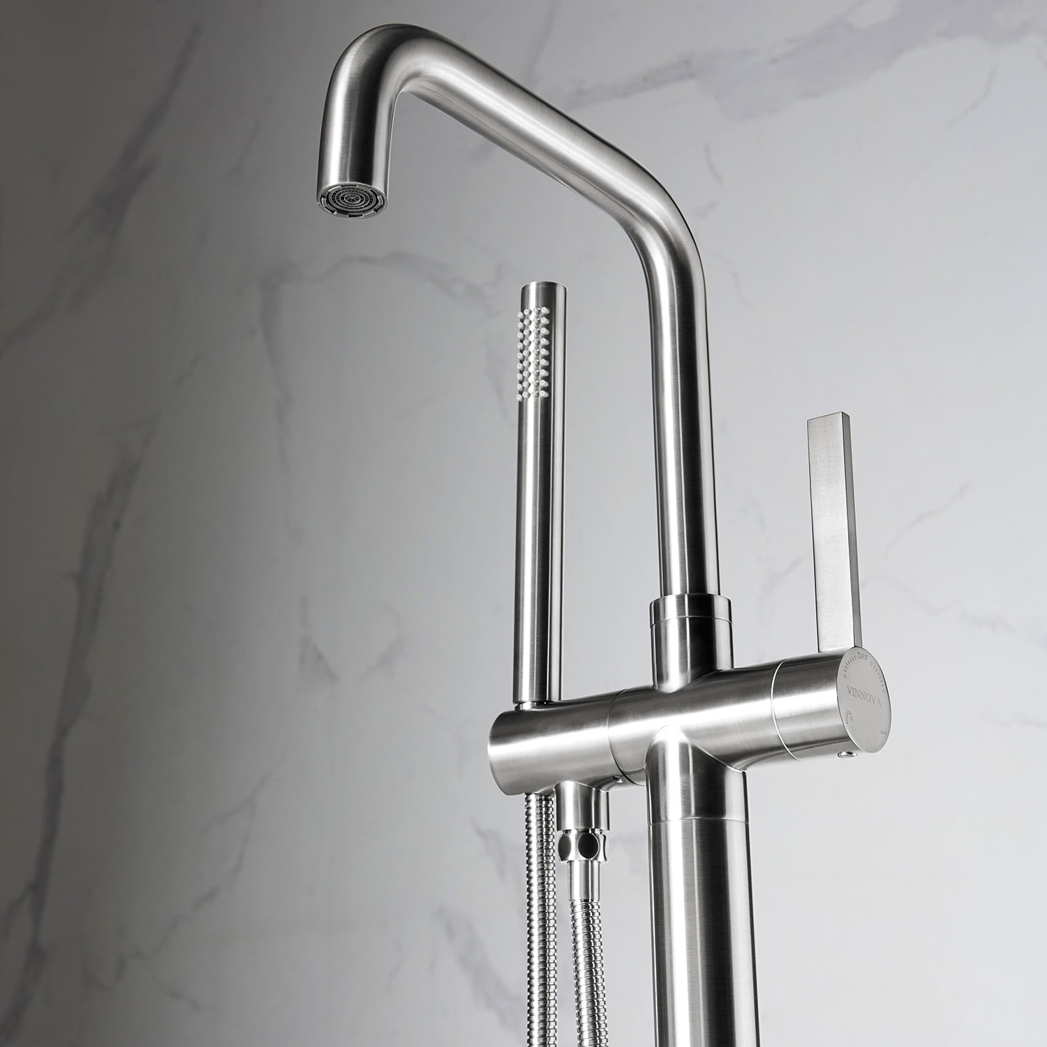 Vinnova Delara Freestanding Bathroom Chrome Tub Faucet with Hand Shower in Satin Nickel