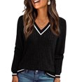 thumbnail image 2 of Womens Color Block Long Sleeve Shirt Fall Tops Fashion Outfits Dressy Casual V Neck Tunic Cute Clothes Sweater Trendy Black M, 2 of 5