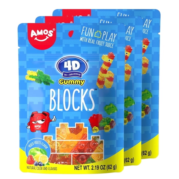 Amos 4D Gummy Candy Brick, Mixed Fruit Gummies Edible Building Blocks, Gifts for Kids 2.53 oz (3 Pack)