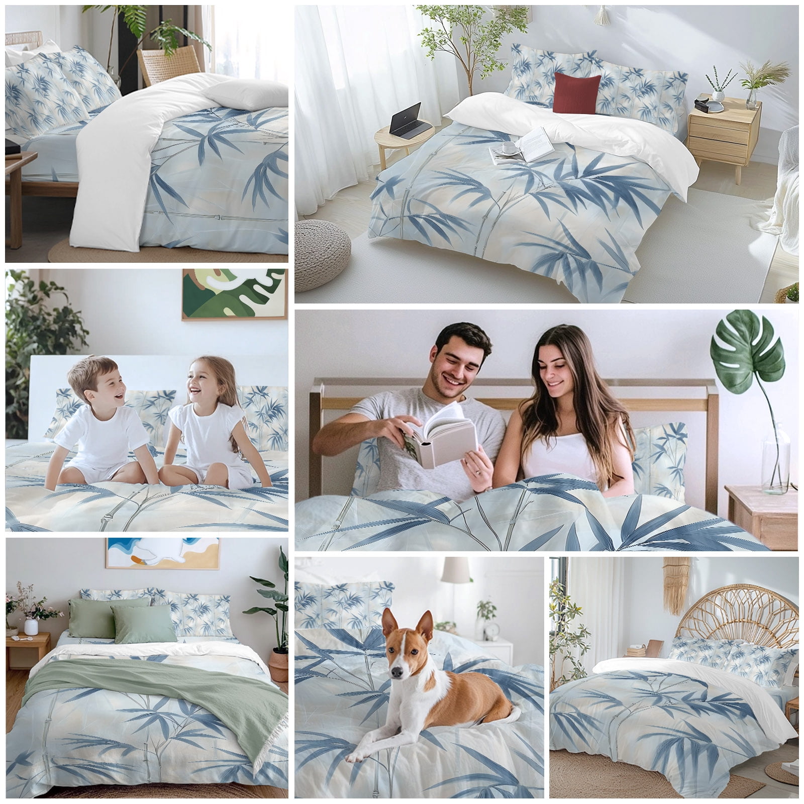 Abstract Bamboos Leaf Queen Duvet Cover Set, Blue Branch Leaves Watercolor 4 Piece Microfiber Bedding Set with Zipper Closure, Bed Sheet and 2 Pillow Shams, Soft Bedding Cover