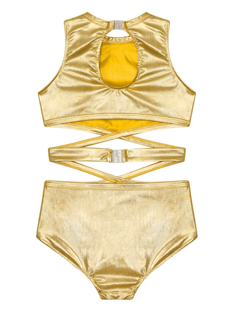 Sparkly Gold Gymnastics Leotard Set For Girls Size 10-12 - Sleeveless Bodysuit & Shiny Shorts For Practice, Dance, Daily Wear