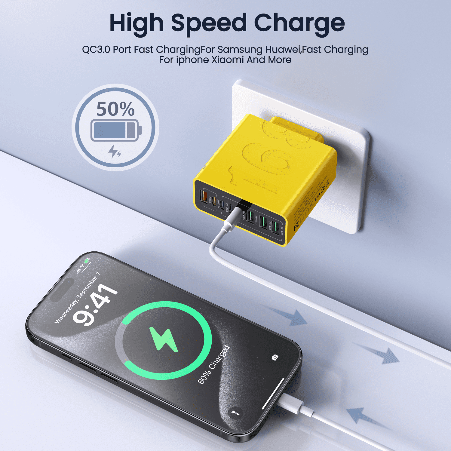 FOBIANJIE - Eight-Port USB-C and USB-A Wall Charger, Type-C Charger, Cubic Design Power Adapter, Multi-Port Plug, White/Black/Yellow – Compatible with iPhone, iPad, AirPods, Samsung Galaxy, Note, Pix