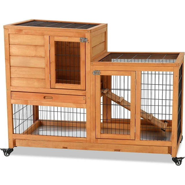LAZY BUDDY 43.3'' Wooden Rabbit Hutch Outdoor Backyard Bunny House