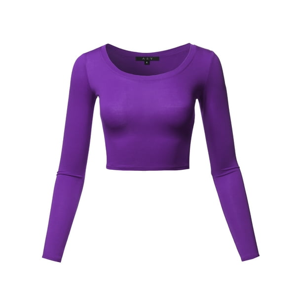 A2Y A2Y Women's Basic Solid Stretchable Scoop Neck Long Sleeve Crop
