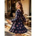 thumbnail image 4 of Lanbubble Girls Long Sleeve Floral Dress Square Neck Ruched A-Line Casual fall winter Dress 7-14 Years, 4 of 12