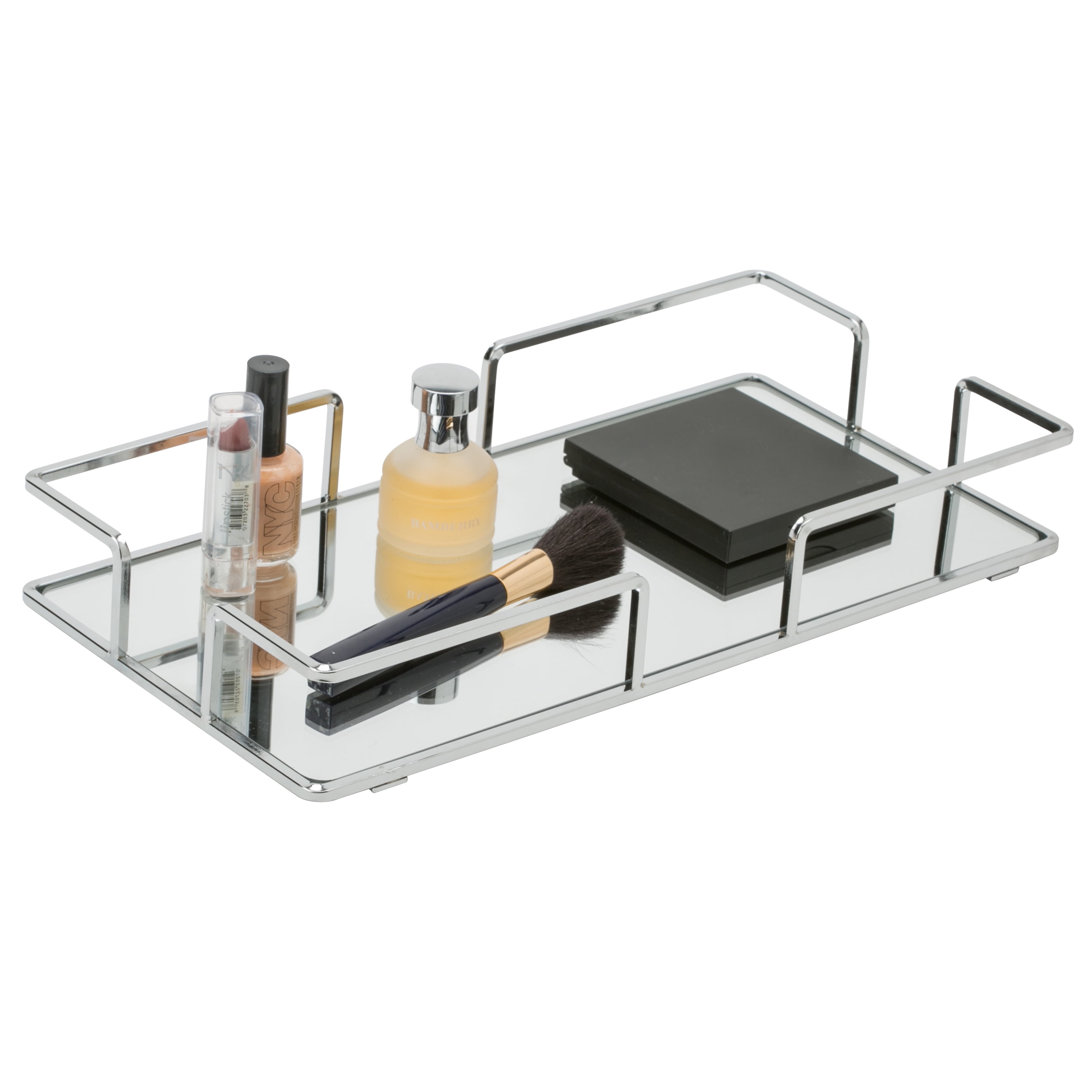 Home Details Modern Rectangular 7" x 14" Vanity Mirror Tray Makeup Organizer, Chrome
