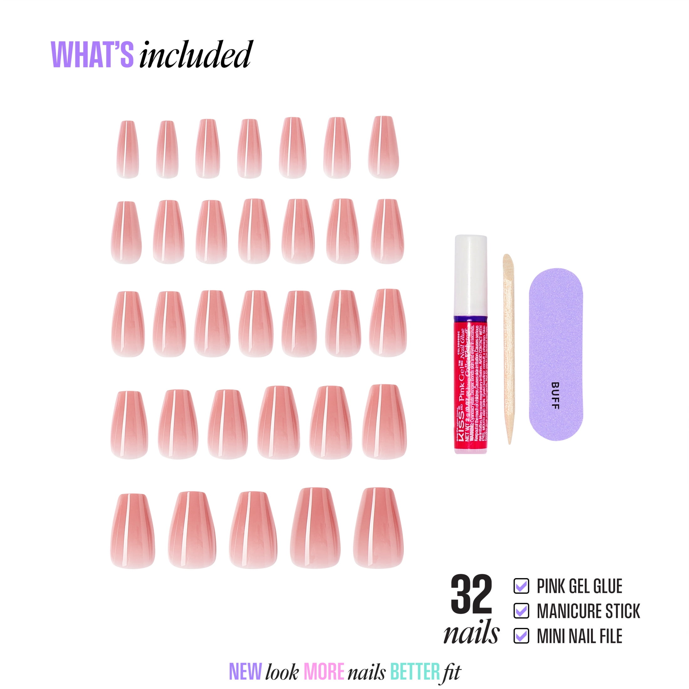 Kiss Core Color Medium Coffin Press-On Nails, Pink, 32 Pieces