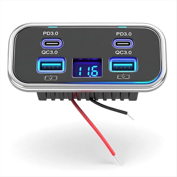 Panel de RV con Cuatro Puertos USB de 12 V. Cargador de Coche con Puerto USB PD3.0 de 20 W y QC3.0 de 18 W con Voltímetro para Autobús, Camión, .