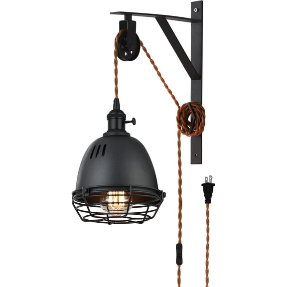 KEESFU Farmhouse Adjustable Wall Sconce with Pulley, Industrial Black Cage Wall Light with Brown Plug-in Cord and Switch for Office Bedroom