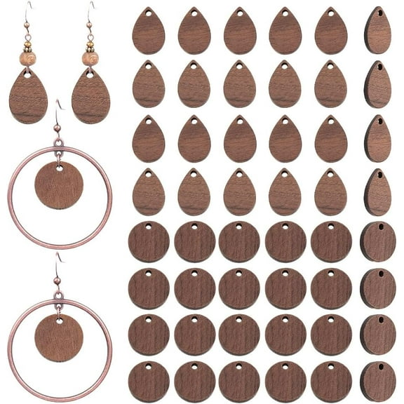 40Pcs 2 Styles Natural Walnut Wooden Boho Earring Pendants Teardrop & Round Charms Blank Saddle Brown Wood Earring Making Dangle Pendants for Earring Necklace Choker Jewelry Making